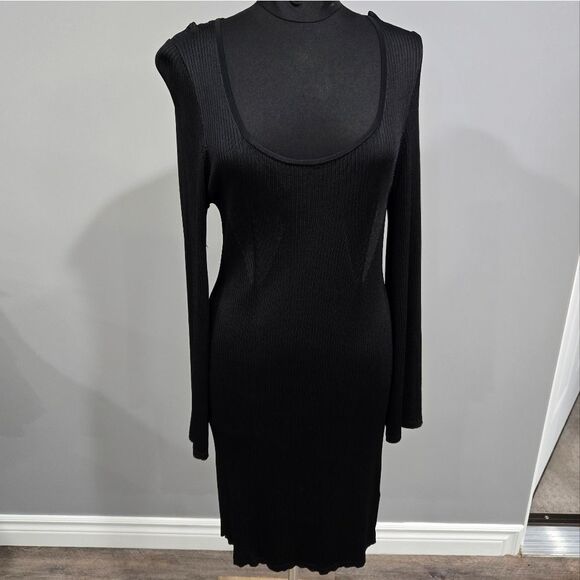🐢 J. Crew Ribbed Black squareneck sweater-dress Size L stretchy! - Picture 8 of 16